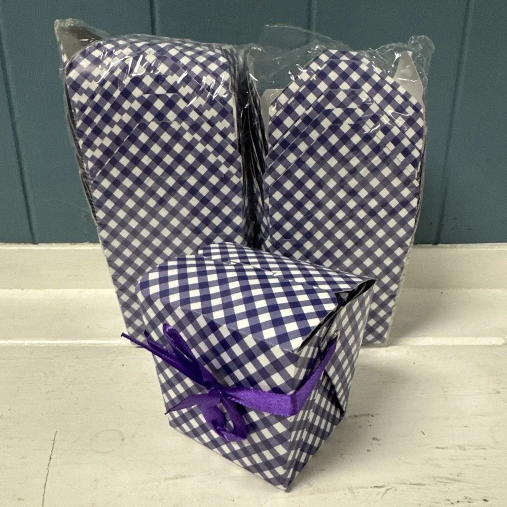 12‎ Mini Take Out Boxes Gingham Purple White Check W/ Handle Goody Party Favor